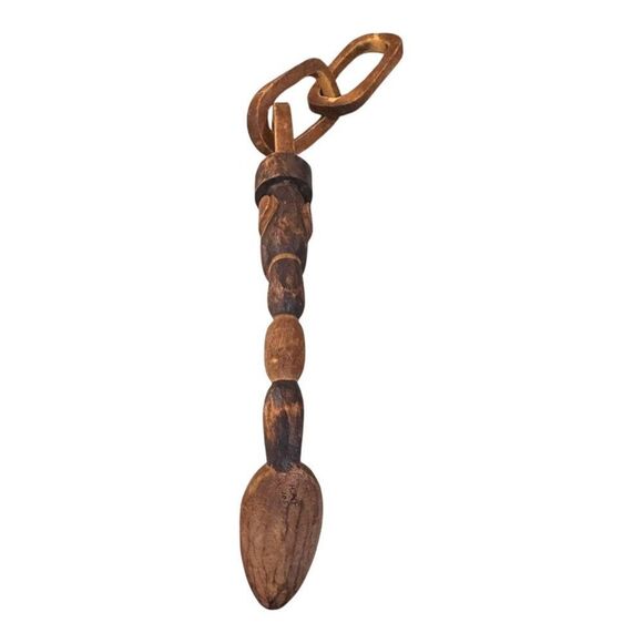 Figurative Carved Folk Art Whimsy Spoon with Chain of Locks Welsh Scandanavian - Picture 10 of 11